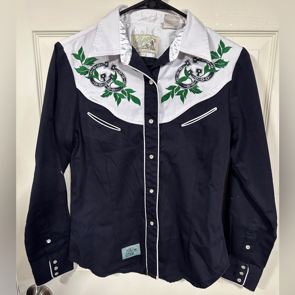 western Roper shirt size S navy blue with horseshoes vintage